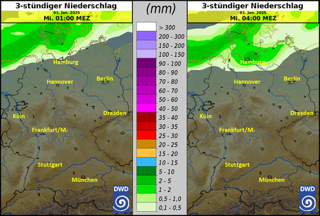 Niederschlagsprognose nach ICON für die Neujahrsnacht; links: 22:00 MEZ (31.12.24) bis 01:00 MEZ (1.1.25), rechts 01:00 MEZ bis 04:00 MEZ (1.1.25). (Quelle Deutscher Wetterdienst)