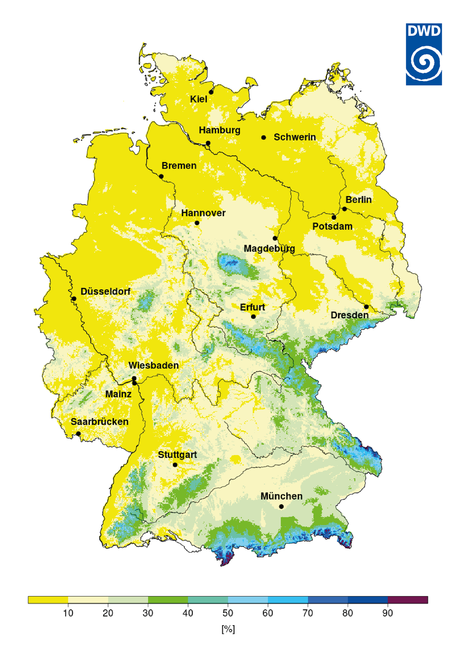 Wahrscheinlichkeit für weiße Weihnachten (24.-26.12.), Referenzperiode 1991 bis 2020. (Quelle DWD)