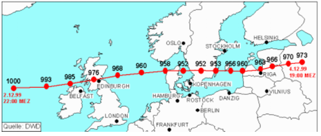 Karte der Zugbahn von Anatol über Europa inklusive dreistündiger Kerndruckangaben. (Quelle DWD)