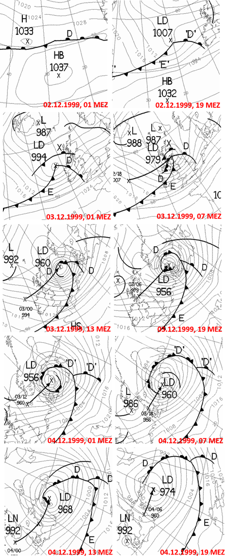 Kartenausschnitte der Bodendruckanalyse über Europa vom 02. bis 04.12.1999. (Quelle UKMO Analyse)