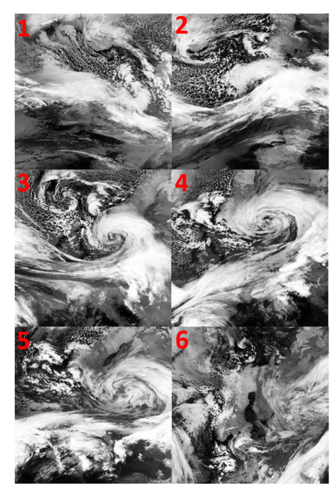 Satellitenbilder von Anatol. Entwicklung vom Wolkenband bis zu einem ausgewachsenen spiralförmigen Orkantief und anschließend der Auflösung. (Quelle NOAA)