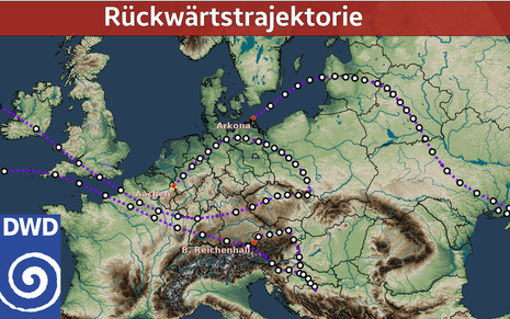 Keine der Trajektorien zeigt eine Herkunft der Luftmasse aus dem Nordosten Europas. (Quelle DWD)