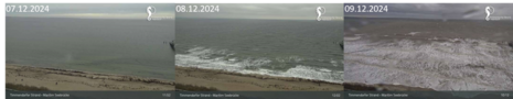 Erstes Bild: ruhige Ostsee. Zweites Bild: an den Strand brandende Ostsee. Drittes Bild: Starke Brandung, deutlich erhöhter Wasserstand, Strand fast verschwunden. (Quelle https://www.bergfex.de/sommer/timmendorfer-strand/webcams/c16010/ )