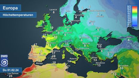 Vorhersage Höchsttemperaturen in Europa am Donnerstag, den 01. Februar 2024 (Quelle DWD)