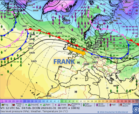 Vorhersagekarte mit Luftdruckverteilung, Temperatur in 2 Metern Höhe und signifikantem Wetter für Sonntag, den 04. Februar 12:00 Uhr UTC (Quelle DWD)