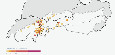 Wiederkehrperioden der 3-Tages-Niederschlagssummen vom Samstagmorgen, 26. bis Dienstagmorgen, 29. August 2023. (Quelle DWD, MeteoSchweiz, Geosphere Austria (2023): Alpenklima Sommerhalbjahr 2023: Klimazustand in den Zentral- und Ostalpen )