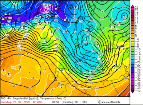 Großwetterlage am Unglückstag (23.02.1999) (Quelle Visualisierung: www.wetter3.de, Datengrundlage: CFS)