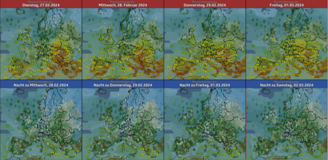 Diese Grafik zeigt die Maximum- und Minimum Temperaturen in der letzten Februarwoche einschließlich des meteorologischen Frühlingsbeginns für Europa. (Quelle DWD)