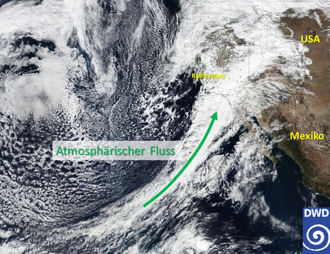 Satellitenbild von Montag, den 05. Februar 2024 zeigt Teile des Pazifischen Ozeans und der USA bzw. Mexikos. (Quelle https://worldview.earthdata.nasa.gov ; Beschriftungen ergänzt durch Sebastian Schappert)