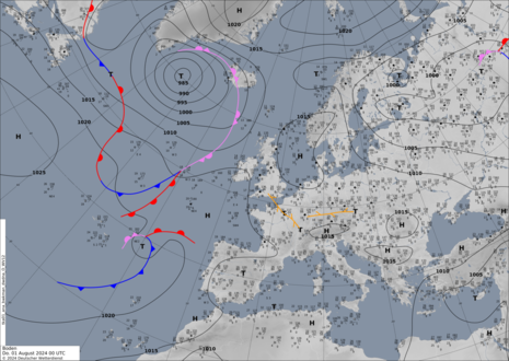 Bodenanalyse des Deutschen Wetterdienstes vom 01.08.2024 00 UTC (Quelle DWD)