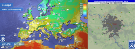 Minimumtemperaturen vom 01.08.2024 06 UTC in Europa, sowie in und um Paris (Frankreich) (Quelle DWD)