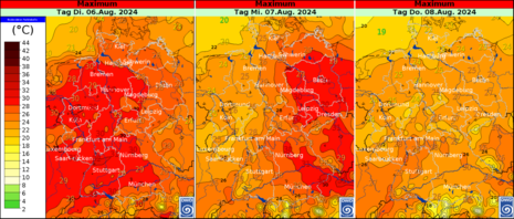 Kartenausschnitt Deutschland mit Vorhersage der Höchsttemperatur für Dienstag, Mittwoch und Donnerstag (Quelle DWD)