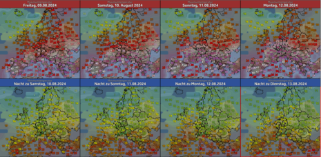 Diese Grafik zeigt die Vorhersage der Temperatur von Freitag bis Montag, den 12.08.2024 für Europa. Quelle: DWD