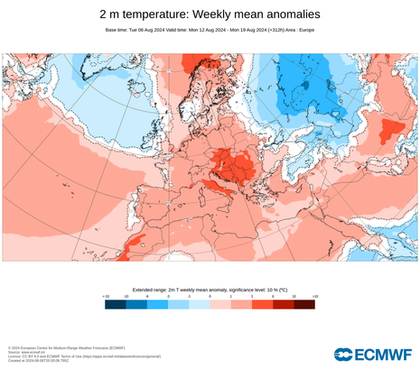 Diese Grafik zeigt die prognostizierte Temperaturabweichung für die Woche vom 12. August 2024 bis zum 19. August 2024 für Europa. Quelle: DWD