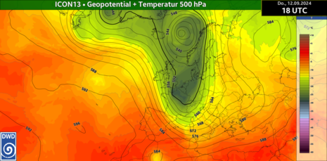 Geopotential und Temperatur in 500 hPa aus dem ICON13 Modell über Europa am Donnerstag, 12.09.2024 18 UTC (Quelle: DWD)