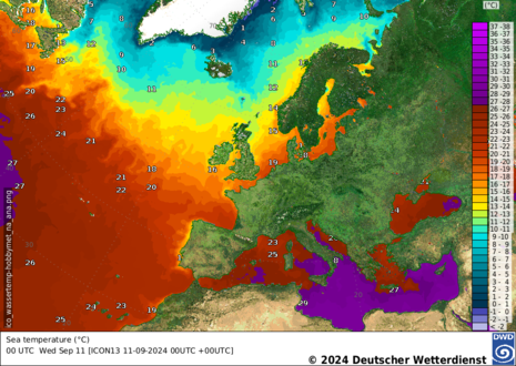 Analyse der Meeresoberflächentemperatur im Nordatlantik und Mittelmeer in Grad Celsius vom 11.09.2024 (Quelle: DWD)