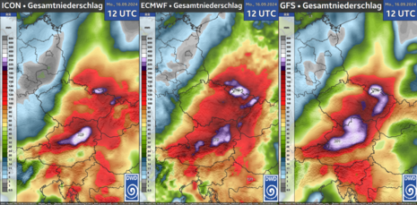 Akkumulierter Gesamtniederschlag zwischen Mittwoch, 11.09.2024, bis Dienstag, 17.09.2024, der Globalmodelle ICON13, ECMWF und GFS (Quelle: DWD)