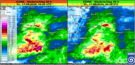 48h Niederschlagsprognose bis Dienstag, 17.09.2024, 06 UTC (08 Uhr MESZ) für östliches Mitteleuropa (Quelle DWD)