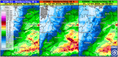 48h Niederschlagsprognose bis Dienstag, 17.09.2024, 06 UTC (08 Uhr MESZ) für südöstliche Deutschland (Quelle DWD)