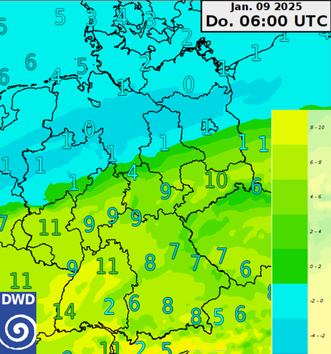 Deutschlandkarte zeigt Modelltemperatur in 650 Metern Höhe sowie die in 2 Metern Höhe gemessene Temperatur am Donnerstagmorgen. Dabei ist es in Norddeutschland frostig, im Süden ist die Temperatur zweistellig. (Quelle DWD)