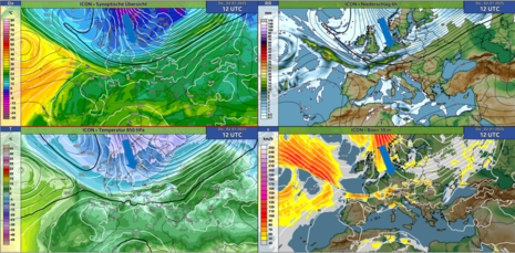 Diese Grafik zeigt die synoptische Übersicht für Donnerstag, den 02.01.2024 um 12 UTC. Auf der Rückseite von Sturmtief GINETTE strömt maritime Polarluft ins Land. (Quelle DWD)