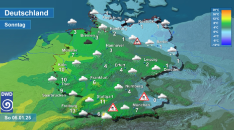 Wettervorhersage sowie Vorhersage der Tageshöchsttemperaturen in Deutschland am Sonntag, den 05.01.2025 (Quelle Deutscher Wetterdienst)