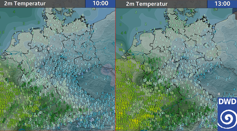 Entlang der Warmfront deutliche Temperaturunterschiede auf kleinem Raum. Innerhalb von drei Stunden Verlagerung der milden Luft nach Nordosten. (Quelle Deutscher Wetterdienst)