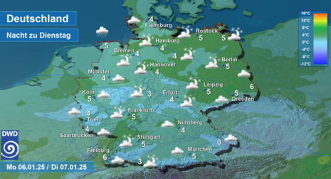 Wettervorhersage sowie Vorhersage der nächtlichen Tiefsttemperaturen in Deutschland in der Nacht von Montag, den 06.01. auf Dienstag, den 07.01.2025