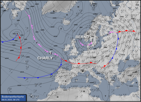 Bodenwetterkarte vom 08.01.2025 um 06 UTC mit Markierung von Tief BERND und Tief CHARLY. (Quelle DWD)