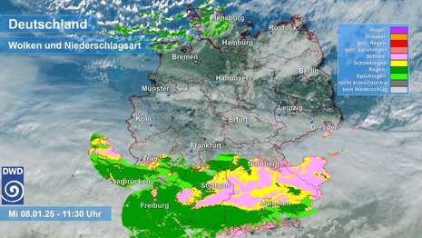 Niederschlagsradar am Mittwochmittag, 08.01.2025, 11:30 Uhr MEZ. rosa: Schnee, gelb: Schneeregen, grün: Regen (Quelle DWD)