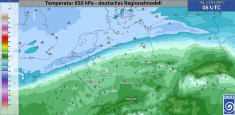 Temperatur im Niveau von 850 hPa (etwa 1500 m) vom 09.01.2025, 06 UTC, deutsches Regionalmodell. (Quelle DWD)