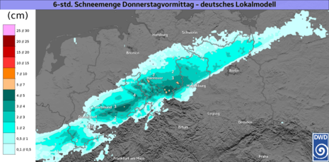 6-stündige Schneemenge, Donnerstag 09.01.2025, 06-12 UTC. türkis: 1-5 cm, hellorange: 5-7 cm, deutsches Lokalmodell (Quelle DWD)