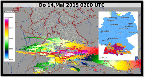 Blitze und Warnkarte vom 13. Mai 2015 (Quelle DWD)