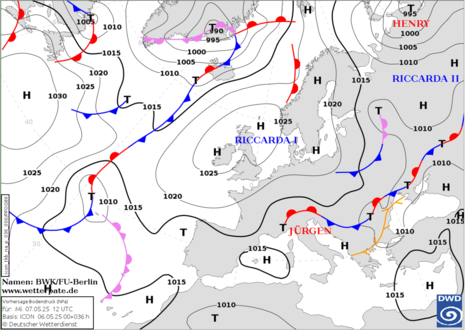 Abb 1: Bodendruckkarte (DWD) (Quelle DWD - Deutscher Wetterdienst)