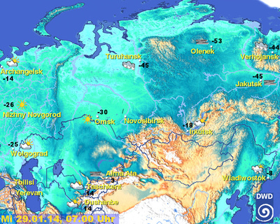 Temperaturen Nordasien, heute 7 Uhr MEZ