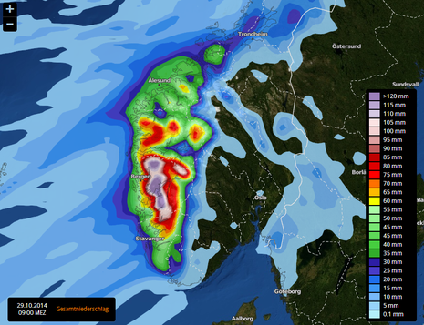 Regenmengen bis 29.10.2014 09:00