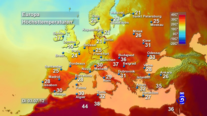 Höchsttemperaturen am Dienstag, den 3. Juli. Während mehr als 40 Grad nur in der Sahara aufgetreten sind, gab es in Südosteuropa Höchsttemperaturen von über 35 Grad.